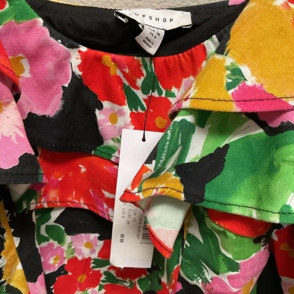 NWT Topshop Floral Bardot Mini Dress Cotton Blend Bold Ruffle Off Shoulder - Picture 6 of 7